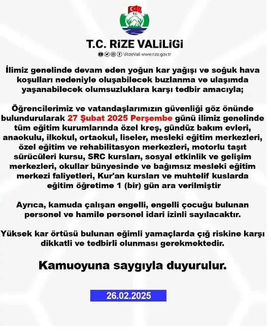 Rize Genelindeki Bütün Okullara Ara Verildi