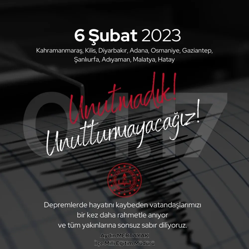 Kalkandere İlçe Milli Eğitim Müdürlüğü 6 Şubat 2023 Depremi Yılı Mesajı 